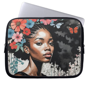 Housse Pour Ordinateur Portable Femme noire avec des fleurs dans ses cheveux