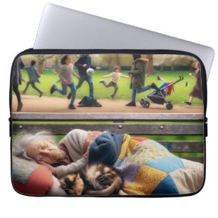 Housse Pour Ordinateur Portable Femme sans abri faisant la sieste sur un banc de p