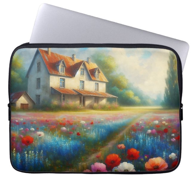 Housse Pour Ordinateur Portable Ferme dans un champ de fleurs (Devant)