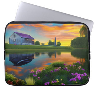 Housse Pour Ordinateur Portable Ferme Toit pourpre Étang à Sunrise