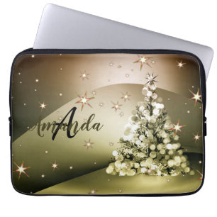 Housse Pour Ordinateur Portable Fête de Noël Arbre d'or Monogramme Étoiles étincel