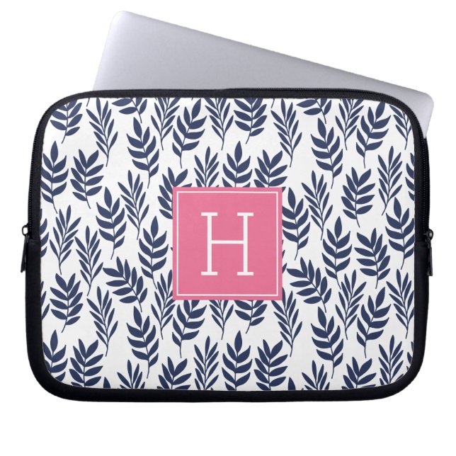 Housse Pour Ordinateur Portable Feuilles bleus et monogramme rose (Devant)