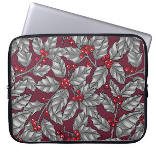 Housse Pour Ordinateur Portable Feuilles gris sur rouge foncé