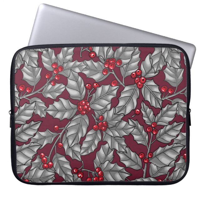 Housse Pour Ordinateur Portable Feuilles gris sur rouge foncé (Devant)