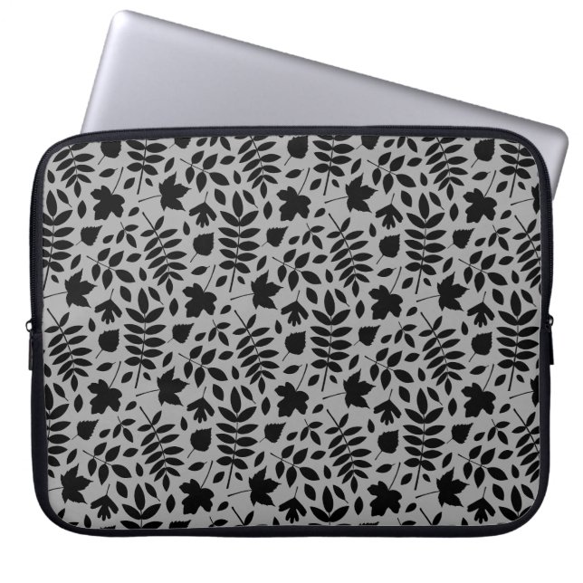 Housse Pour Ordinateur Portable Feuilles tombés Rpt Motif noir sur gris (Devant)