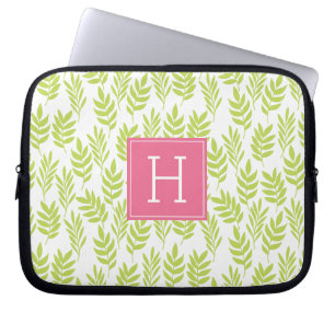 Housse Pour Ordinateur Portable Feuilles verts et monogramme rose