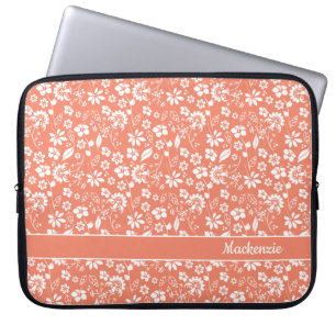 Housse Pour Ordinateur Portable Fille Corail Pêche Fleurs tropicales Monogramme