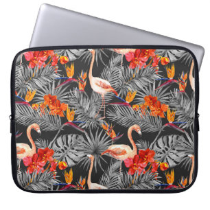Housse Pour Ordinateur Portable Flamant rose et fleurs, motif monochrome.
