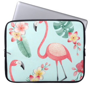 Housse Pour Ordinateur Portable Flamants roses Fleurs tropicales Motif aquarelle