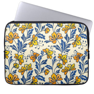 Housse Pour Ordinateur Portable Fleur Bleue Feuillue de Style Folk Orange Jaune Vi