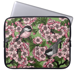 Housse Pour Ordinateur Portable Fleur de cerisiers et poulets verts