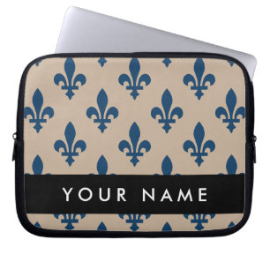 Housse Pour Ordinateur Portable Fleur de Lis, Bleu Marine sur Beige, Royal, Votre