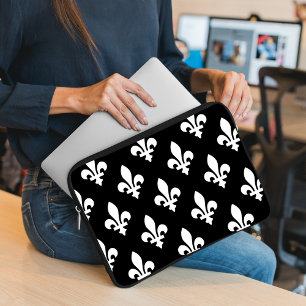 Housse Pour Ordinateur Portable Fleur de Lis Motif, Royal French, Blanc sur Noir