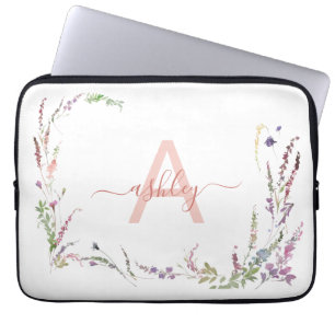 Housse Pour Ordinateur Portable Fleur sauvage d'aquarelle moderne Monogramme initi