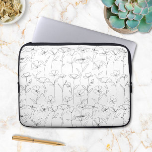 Housse Pour Ordinateur Portable Fleur sauvage de pavot Floral minimaliste noir et