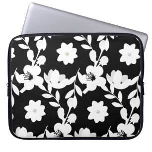 Housse Pour Ordinateur Portable Fleurs blanches avec perles sur noir