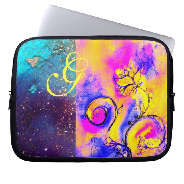 Housse Pour Ordinateur Portable FLEURS BLANCHES MONOGRAMME Pink Yellow Blue (Devant)