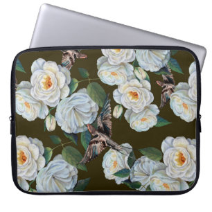 Housse Pour Ordinateur Portable Fleurs blanches rose avec dessin feuille en pastel