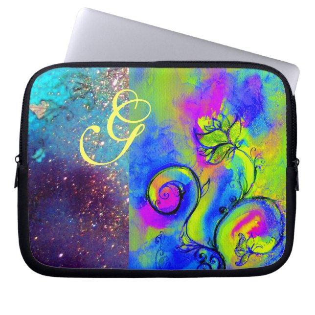 Housse Pour Ordinateur Portable FLEURS BLANCHES vert fuchsia jaune, bleu (Devant)