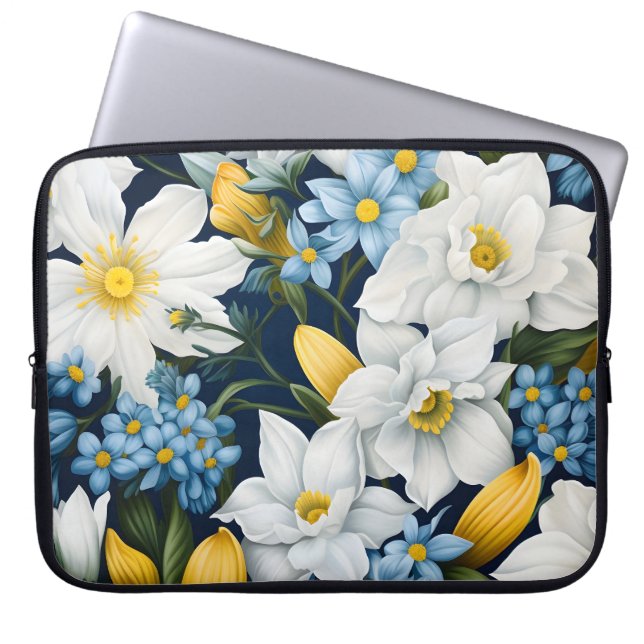 Housse Pour Ordinateur Portable Fleurs Bleues Blancs (Devant)