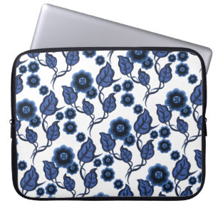 Housse Pour Ordinateur Portable Fleurs bleues, feuille bleu, art populaire floral
