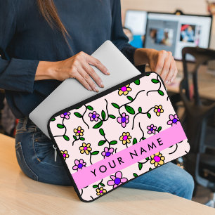 Housse Pour Ordinateur Portable Fleurs Colorées, Fond Rose, Rose