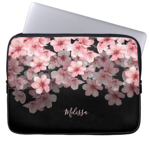 Housse Pour Ordinateur Portable Fleurs de cerisier à l'aquarelle Noir Rose   Votre