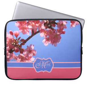 Housse Pour Ordinateur Portable Fleurs de cerisier roses décorées d'un monogramm