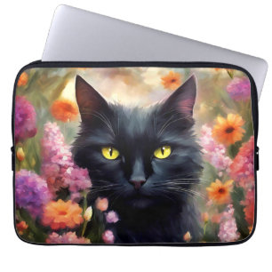 Housse Pour Ordinateur Portable Fleurs de chats noirs Jardin Chat 736