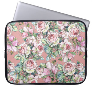 Housse Pour Ordinateur Portable Fleurs de jardin rose avec tulipes peintes en wate