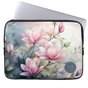Housse Pour Ordinateur Portable Fleurs de magnolia rose botanique monogrammées
