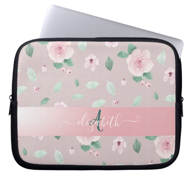 Housse Pour Ordinateur Portable Fleurs de monogramme aquarelle chic (Devant)