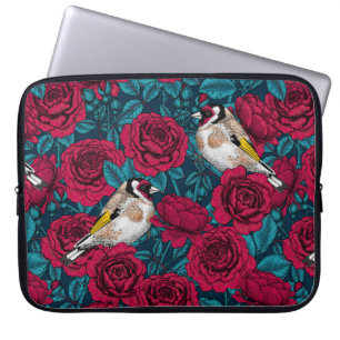 Housse Pour Ordinateur Portable Fleurs de roses rouges et oiseaux d'or