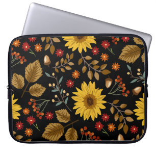 Housse Pour Ordinateur Portable Fleurs de soleil d'automne : Arrière - plan noir d