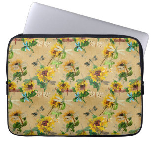 Housse Pour Ordinateur Portable Fleurs de soleil vintages et libellules