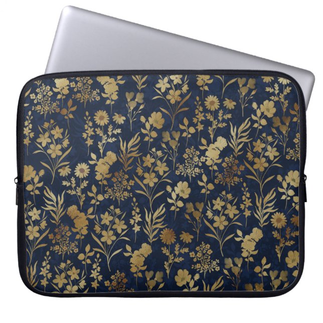 Housse Pour Ordinateur Portable Fleurs d'or botanique Motif bleu (Devant)