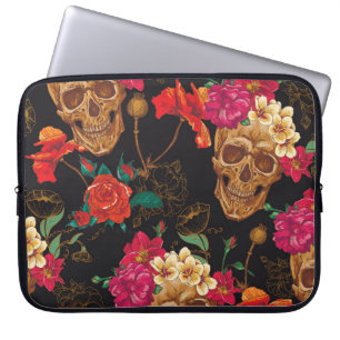 Housse Pour Ordinateur Portable Fleurs du crâne : Arrière - plan foncé sans coutur