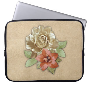 Housse Pour Ordinateur Portable Fleurs en cuir sur daim crème