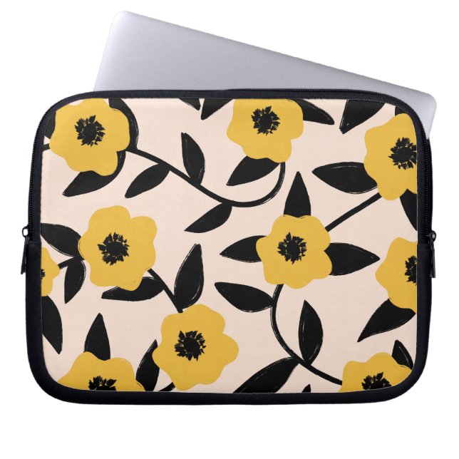 Housse Pour Ordinateur Portable Fleurs Jaunes Modernes Motif Feuille Noir (Devant)
