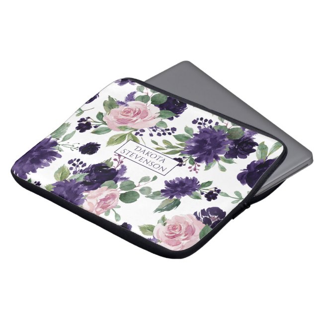 Housse Pour Ordinateur Portable Fleurs luxuriantes | Monogramme Motif violet et ro (Devant haut)