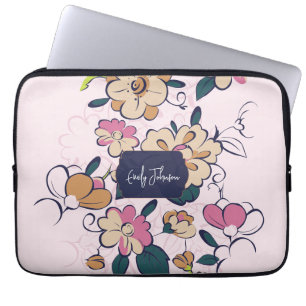 Housse Pour Ordinateur Portable Fleurs pastel personnalisées avec nom, motif flora