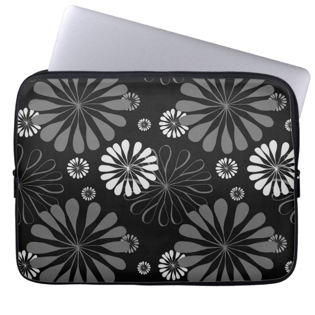 Housse Pour Ordinateur Portable Fleurs Rétro Noir et Blanc (Devant)