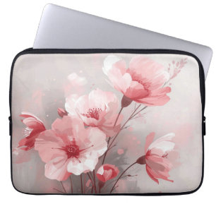 Housse Pour Ordinateur Portable Fleurs roses, blanches et grises
