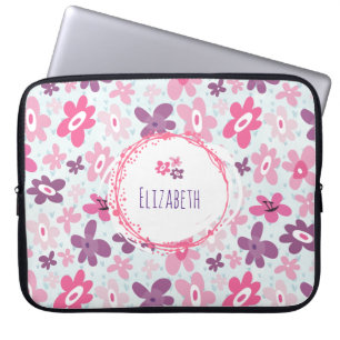 Housse Pour Ordinateur Portable Fleurs roses et Coeurs Bleus mignons Whimsical