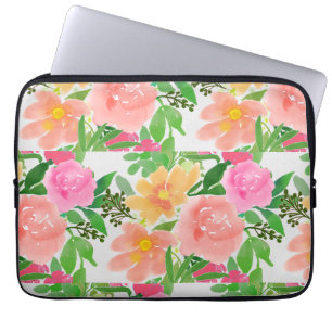 Housse Pour Ordinateur Portable Fleurs roses et feuilles vertes à l'aquarelle