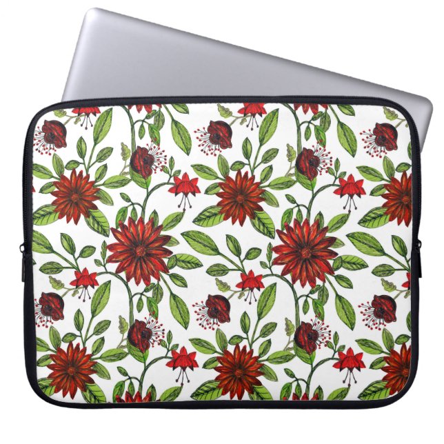 Housse Pour Ordinateur Portable Fleurs rouges abstraites et feuilles verts sur fon (Devant)