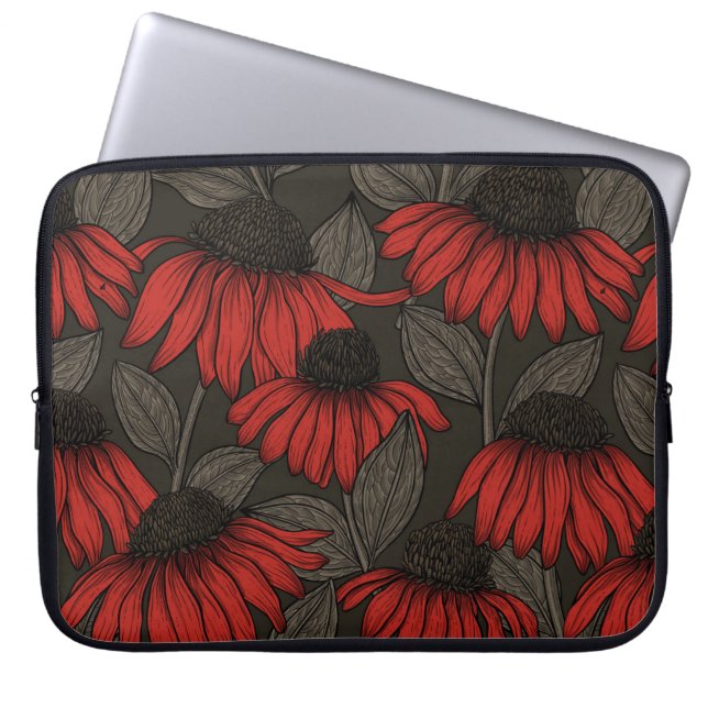 Housse Pour Ordinateur Portable Fleurs rouges sur marron (Devant)