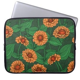 Housse Pour Ordinateur Portable Fleurs Zinnia orange, feuilles verts sur vert fonc