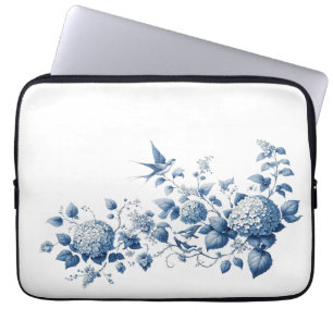 Housse Pour Ordinateur Portable Floral bleu et blanc et Chinoiserie d'oiseaux Impr