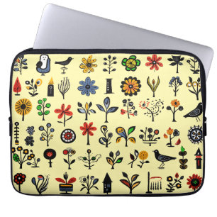 Housse Pour Ordinateur Portable Floral folk coloré et oiseaux